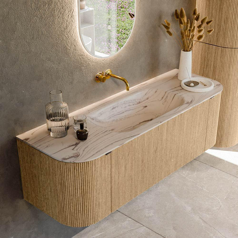 MONDIAZ KURVE-DLUX 140cm badmeubel ronding Links + Rechts kleur Oak met 1 lade en 2 deuren. Wastafel BIG SMALL Midden zonder kraangat Nata. SW1432086