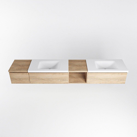 MONDIAZ BUKLA 240cm ensemble de meuble avec module ouvert 40 à droite couleur Chêne blanchi avec 3 tiroirs. Lavabo CLOUD double 0 trou de robinet couleur Talc. SW1382211