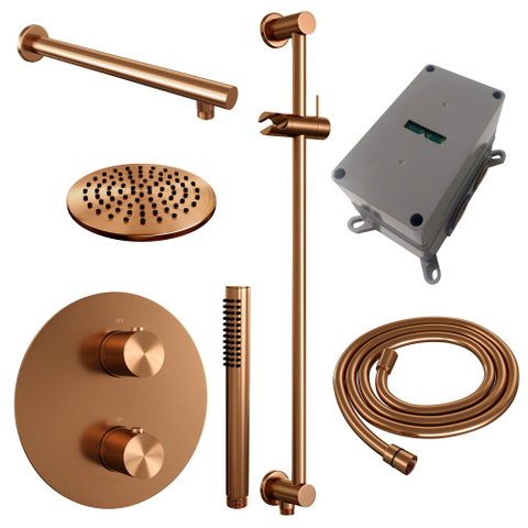 BRAUER Copper Edition douche thermostatique encastrée - 3 voies - rond - set 85 - douche principale de 20 cm - bras mural droit - douchette à main - flexible de douche - barre de douche intégrée - cuivre brossé PVD SW1159093