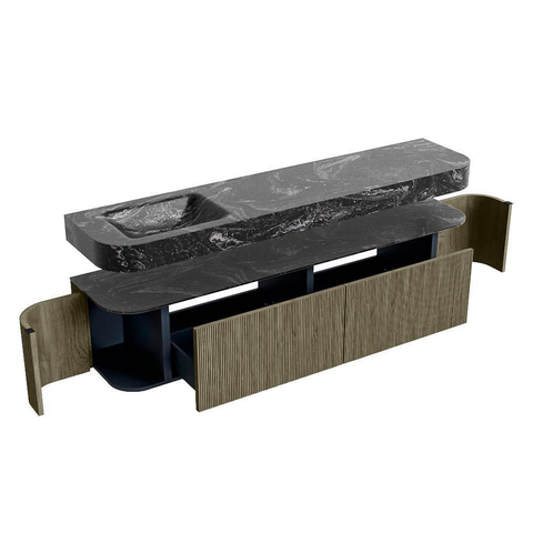 MONDIAZ THOR-DLUX 200cm meuble de salle de bains arrondi gauche + droite couleur Shadow avec 2 tiroirs et 2 portes. Vasque suspendue CLOUD Gauche 1 trou de robinet couleur Lava. SW1467042