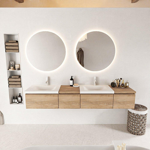 MONDIAZ BUKLA 200cm ensemble de meuble avec module 40 gauche couleur Chêne blanchi avec 4 tiroirs. Lavabo CLOUD double 2 trous de robinet couleur Talc. SW1382141