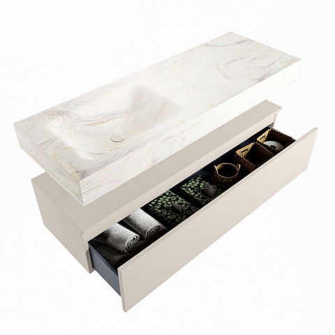 MONDIAZ ALAN - DLUX Badkamermeubelset - 130cm - onderkast - Linen - 1 lade - vrijhangende wastafel - wasbak links - 1 kraangat - Ostra SW807240