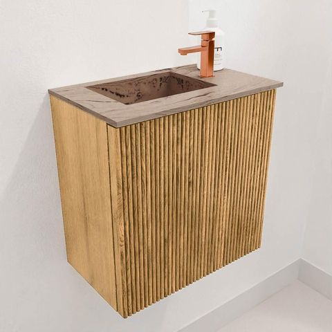 Mondiaz JOYA-DLUX 40cm toiletmeubel - kleur Oak - Wastafel FAYE positie Links 1 kraangat kleur Arena. SW1423831