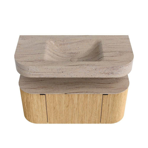 MONDIAZ THOR-DLUX 100cm badmeubel ronding links + rechts kleur Oak met 1 lade en 2 deuren. Vrijhangende wastafel CLOUD Midden zonder kraangat kleur Saba. SW1467550