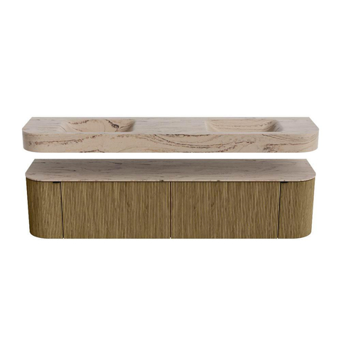 MONDIAZ THOR-DLUX 190cm meuble de salle de bains arrondi gauche + droite couleur Dusk avec 2 tiroirs et 2 portes. Vasque suspendue CLOUD Double sans trou de robinet couleur Arena. SW1466598
