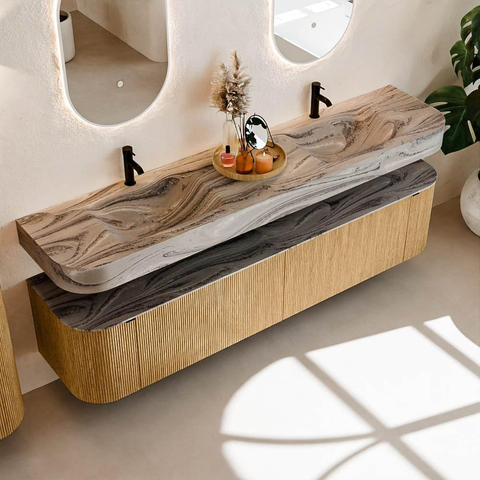 MONDIAZ THOR-DLUX 200cm meuble de salle de bains arrondi gauche + droite couleur Oak avec 2 tiroirs et 2 portes. Vasque suspendue CLOUD Double 2 trous de robinet couleur Sombra. SW1467255