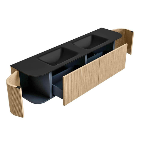 MONDIAZ KURVE meuble de salle de bains 180 cm avec module 25 Len R couleur Chêne avec 2 tiroirs et 2 portes. Lavabo CLOUD double sans trou de robinet Urban. SW1138394
