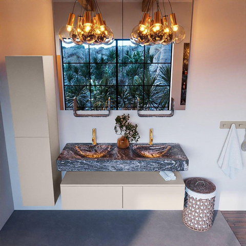 Mondiaz ALAN-DLUX Ensemble de meuble - 130cm - meuble Linen mat - 2 tiroirs - Lavabo Cloud Lava suspendu - vasque Gauche et droite - 2 trous de robinet SW808529