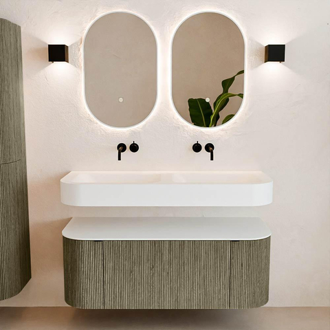 MONDIAZ THOR 120cm meuble de salle de bains arrondi gauche + droite couleur Shadow avec 1 tiroir et 2 portes. Vasque suspendue CLOUD Double sans trou de robinet couleur Talc. SW1463152