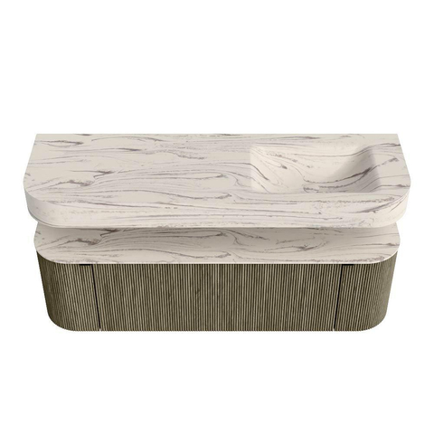 MONDIAZ THOR-DLUX 150cm meuble de salle de bains arrondi gauche + droite couleur Shadow avec 1 tiroir et 2 portes. Vasque suspendue CLOUD Droite sans trou de robinet couleur Nata. SW1464832