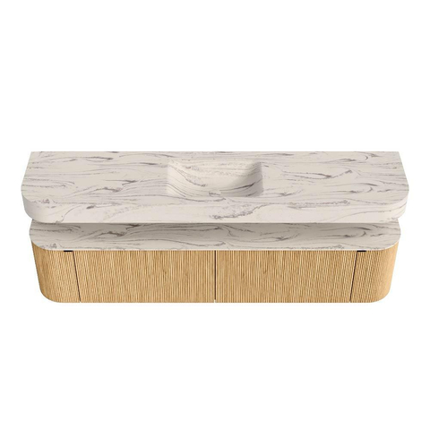 MONDIAZ THOR-DLUX 200cm meuble de salle de bains arrondi gauche + droite couleur Oak avec 2 tiroirs et 2 portes. Vasque suspendue CLOUD Milieu sans trou de robinet couleur Nata. SW1467141