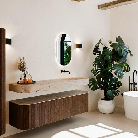 MONDIAZ THOR-DLUX 170cm meuble de salle de bains arrondi gauche + droite couleur Walnut avec 1 tiroir et 2 portes. Vasque suspendue CLOUD Droite sans trou de robinet couleur Arena. SW1465820