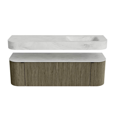 MONDIAZ THOR-DLUX 150cm meuble de salle de bains arrondi gauche + droite couleur Shadow avec 1 tiroir et 2 portes. Vasque suspendue CLOUD Droite 1 trou de robinet couleur Opalo. SW1464732
