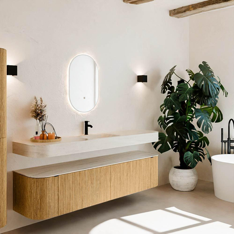 MONDIAZ THOR-DLUX Meuble de salle de bains 190cm arrondi gauche + droite couleur Oak avec 2 tiroirs et 2 portes. Vasque suspendue CLOUD Milieu 1 trou de robinet couleur Meli. SW1466724