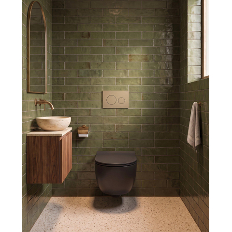 QeramiQ Dely Swirl Ensemble WC - 36.3x51.7cm - réservoir encastré Geberit UP320 - avec cadre Burda - abattant slim - plaque de commande taupe - boutons ronds - noir mat SW1164358