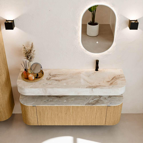 MONDIAZ THOR-DLUX 150cm badmeubel ronding links + rechts kleur Oak met 1 lade en 2 deuren. Vrijhangende wastafel CLOUD Rechts 1 kraangat kleur Frappe. SW1464608