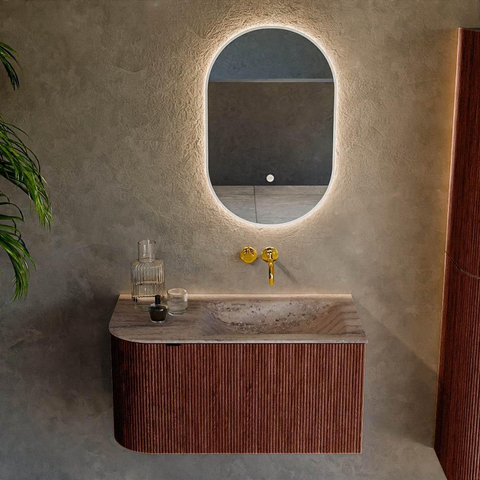 MONDIAZ KURVE-DLUX Meuble de salle de bains 85cm arrondi à gauche couleur Ruby avec 1 tiroir et 1 porte. Lavabo CLOUD à droite sans trou de robinet Oza. SW1432765