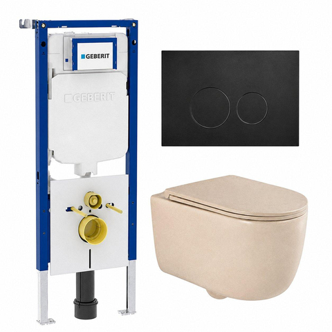 QeramiQ Dely Swirl Toiletset - 36.3x51.7cm - Geberit UP720 Duofix Sigma inbouwreservoir - slim zitting - mat zwarte metalen bedieningsplaat - ronde knoppen - mat beige SW1416828