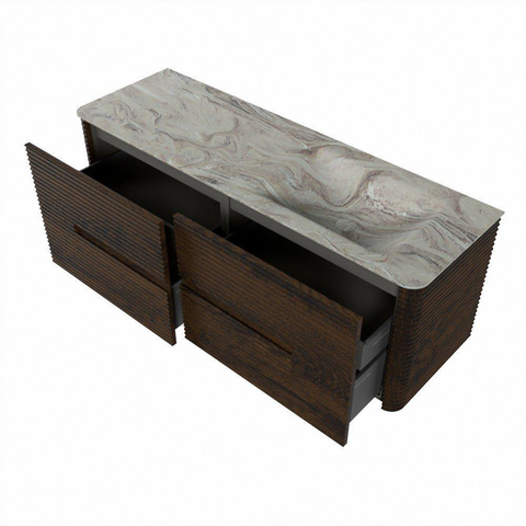 Mondiaz CIRO-DLUX Ensemble de meubles de salle de bains - 140x45x50cm - Plan-vasque solid surface Glace - 1 vasque à droite - 1 trou de robinet - 4 tiroirs - Noyer SW1530258