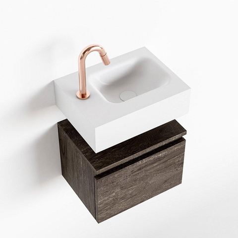 MONDIAZ ANDOR Toiletmeubel - 40x30x30cm - 1 kraangat - 1 lades - dark brown mat - wasbak rechts - Solid surface - Wit SW474291