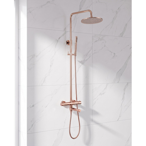 Fortifura Calvi Regendoucheset - thermostatisch - 25cm hoofddouche - metalen slang - staaf handdouche - draaibare baduitloop - geborsteld koper PVD SW1592523