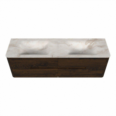 Mondiaz CIRO-DLUX Badkamermeubelset - 160x45x50cm - Solid surface wastafel Frappe - 2 wasbak Dubbel - 2 kraangaten - 4 lades - Walnut SW1530214