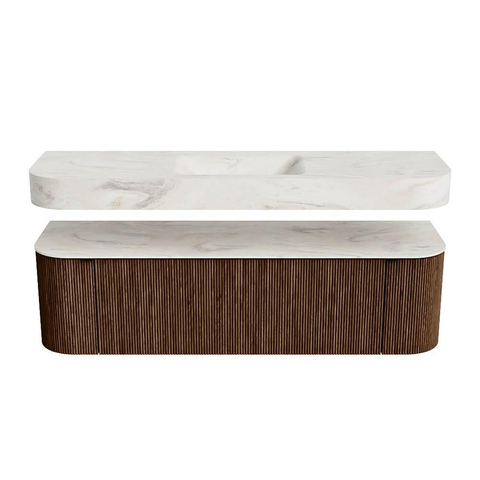 MONDIAZ THOR-DLUX 160cm badmeubel ronding links + rechts kleur Walnut met 1 lade en 2 deuren. Vrijhangende wastafel CLOUD Midden zonder kraangat kleur Ostra. SW1465008