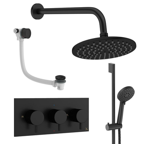 Crosswater MPRO inbouw regendoucheset – Ø20 cm hoofddouche – ronde handdouche – 3 hendels – badafvoer – zwart mat SW1472672