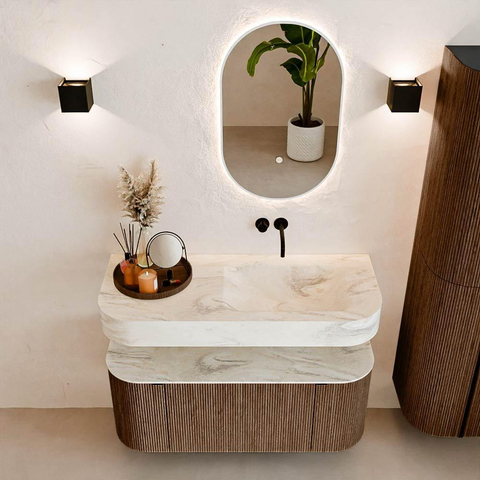 MONDIAZ THOR-DLUX 110cm meuble de salle de bains arrondi gauche + droite couleur Walnut avec 1 tiroir et 2 portes. Vasque suspendue CLOUD droite sans trou de robinet couleur Ostra. SW1462805