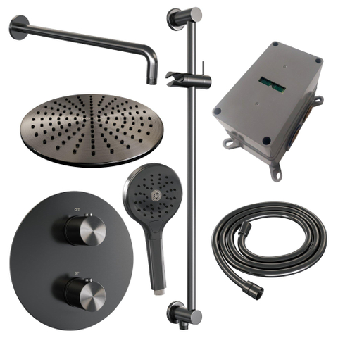 BRAUER Gunmetal Edition douche de pluie encastrée thermostatique - 3 voies - rond - set 94 - pomme de douche 30cm - bras mural courbé - douchette 3 jets - flexible de douche - barre de douche intégrée - gunmetal brossé PVD SW1159170