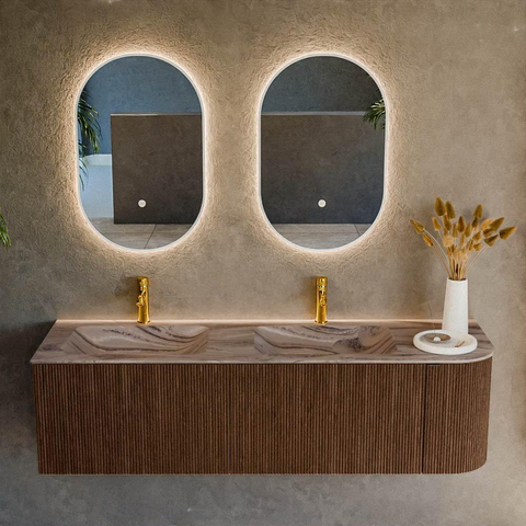 MONDIAZ KURVE-DLUX meuble de salle de bains 155cm arrondi à droite couleur Walnut avec 2 tiroirs et 1 porte. Lavabo LEAF double / gauche 2 trous de robinet Sombra. SW1433705