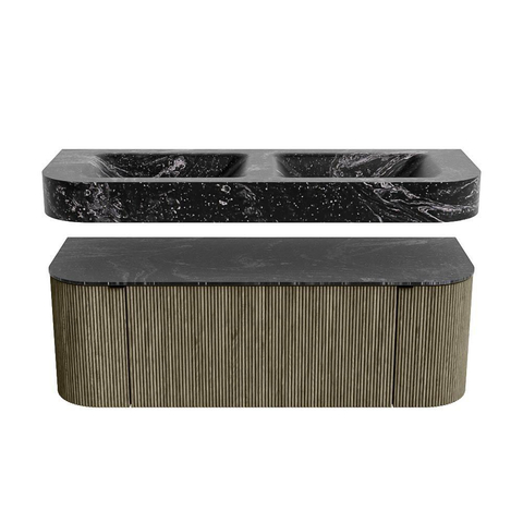 MONDIAZ THOR-DLUX 130cm meuble de salle de bains arrondi gauche + droite couleur Shadow avec 1 tiroir et 2 portes. Vasque suspendue CLOUD Double sans trou de robinet couleur Lava. SW1463772