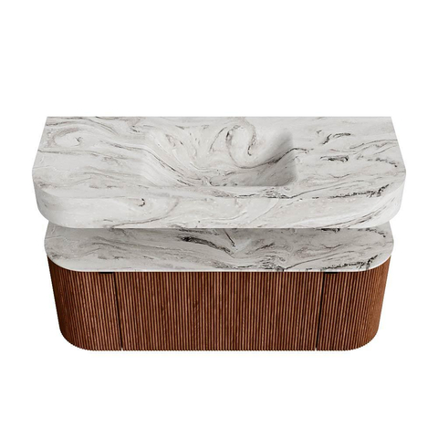 MONDIAZ THOR-DLUX 120cm meuble de salle de bains arrondi gauche + droite couleur Ruby avec 1 tiroir et 2 portes. Vasque suspendue CLOUD Milieu sans trou de robinet couleur Glace. SW1463158
