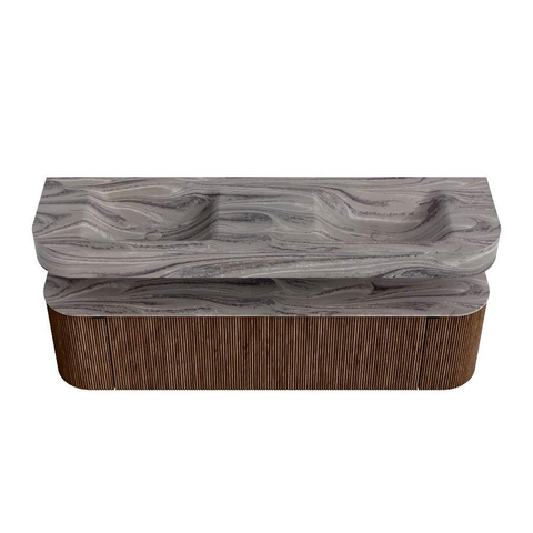MONDIAZ THOR-DLUX 170cm badmeubel ronding links + rechts kleur Walnut met 1 lade en 2 deuren. Vrijhangende wastafel CLOUD Dubbel zonder kraangat kleur Sombra. SW1465870