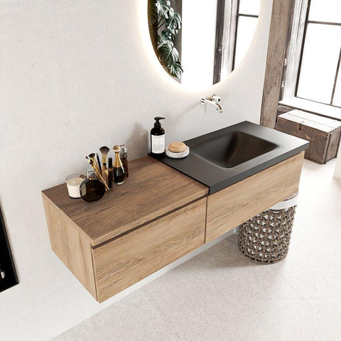 MONDIAZ BUKLA meuble de salle de bain 140 cm avec module 60 couleur Chêne blanchi avec 2 tiroirs. Lavabo CLOUD à droite 0 trous de robinet couleur Urbaine. SW1381983