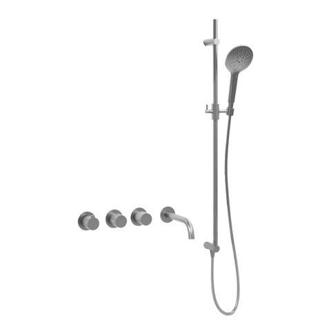 Fortifura Nebbio Ensemble combiné baignoire - mitigeur thermostatique - barre de glissement avec coude mural intégré - flexible de douche métallique - douchette ronde - bec - inox brossé SW1238053