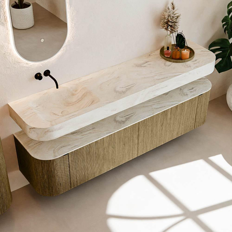 MONDIAZ THOR-DLUX Meuble de salle de bains - 190cm - arrondi gauche + droite - couleur Dusk - 2 tiroirs - 2 portes - Vasque suspendue CLOUD Gauche sans trou de robinet - couleur Ostra SW1466495
