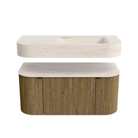 MONDIAZ THOR-DLUX 100cm meuble de salle de bains arrondi gauche + droite couleur Dusk avec 1 tiroir et 2 portes. Vasque suspendue CLOUD Droite 1 trou de robinet couleur Meli. SW1467485