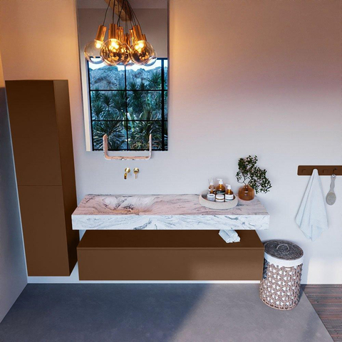 Mondiaz ALAN-DLUX Ensemble de meuble - 150cm - meuble Rust mat - 1 tiroir - Lavabo Cloud Glace suspendu - vasque Gauche - 0 trous de robinet SW805958