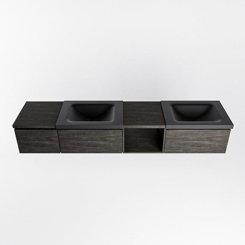 MONDIAZ BUKLA 200cm ensemble de meuble avec module ouvert 40 à droite couleur Marron Foncé avec 3 tiroirs. Lavabo CLOUD double 0 trou de robinet couleur Urban. SW1382355