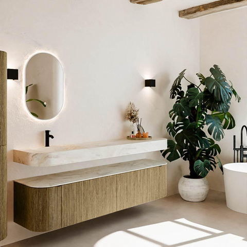 MONDIAZ THOR-DLUX Meuble de salle de bains 190cm arrondi gauche + droite couleur Dusk avec 2 tiroirs et 2 portes. Vasque suspendue CLOUD Gauche 1 trou de robinet couleur Ostra. SW1466493