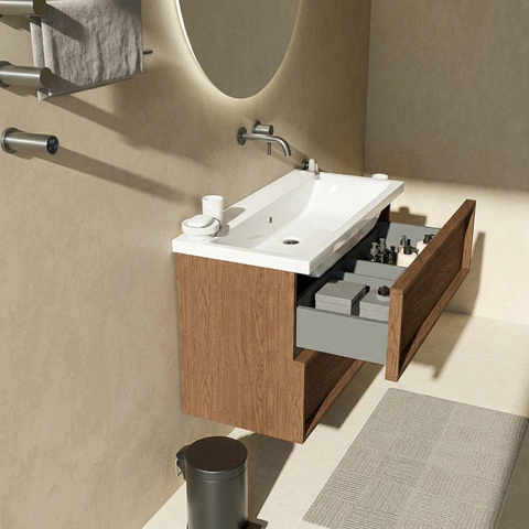 Saniclass Holz Frame Ensemble meuble de salle de bains - 100x45x63.5cm - Bari lavabo en céramique blanc - 1 vasque - sans trou de robinetterie - 2 tiroirs - mat walnut pure (bois) SW1579732