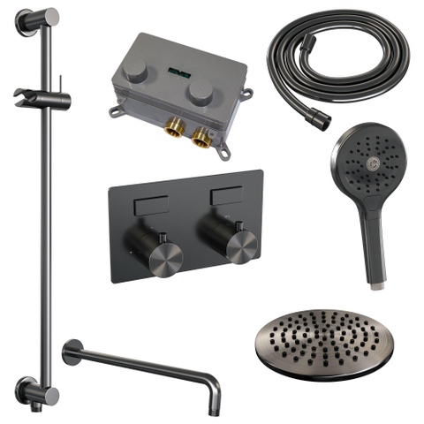 BRAUER Gunmetal Edition ensemble de douche pluie apparent – douche de tête Ø 20 cm – bras mural courbé 39.9 cm – douchette ronde – avec inverseur SW925727