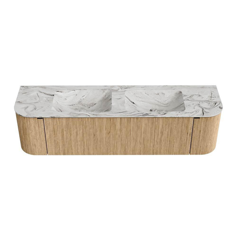 MONDIAZ KURVE-DLUX meuble de salle de bains 170cm avec module 25 Len R couleur Oak avec 1 tiroir et 2 portes. Lavabo LEAF double 2 trous de robinet couleur Glace. SW1138000