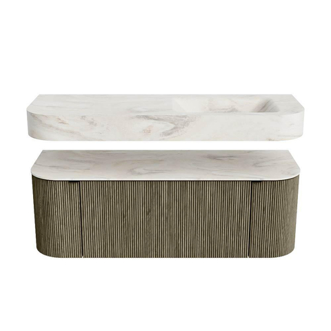 MONDIAZ THOR-DLUX Meuble de salle de bains - 130cm - arrondi gauche + droite - couleur Shadow - 1 tiroir - 2 portes - Vasque suspendue CLOUD Droite sans trou de robinet - couleur Ostra SW1463782