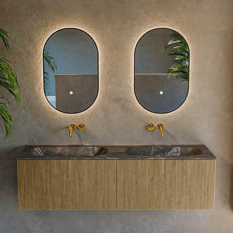Mondiaz KURVE-DLUX Ensemble de meuble de salle de bains - 150x46x40cm - 2 tiroirs - vasque solid surface - double - sans trou de robinet - Dusk SW1415561