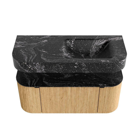 MONDIAZ THOR-DLUX 110cm meuble de salle de bains arrondi gauche + droite couleur Oak avec 1 tiroir et 2 portes. Vasque suspendue CLOUD Droite sans trou de robinet couleur Lava. SW1462746