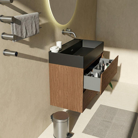 Saniclass Holz Pure Badkamermeubelset - 80x45x72cm - Legend keramische wastafel mat zwart - 1 wasbak - zonder kraangat - 2 lades - mat walnut pure (hout) SW1580174