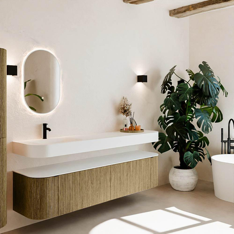 MONDIAZ THOR 190cm meuble de salle de bains arrondi gauche + droite couleur Dusk avec 2 tiroirs et 2 portes. Vasque suspendue CLOUD gauche 1 trou de robinet couleur Talc. SW1466446