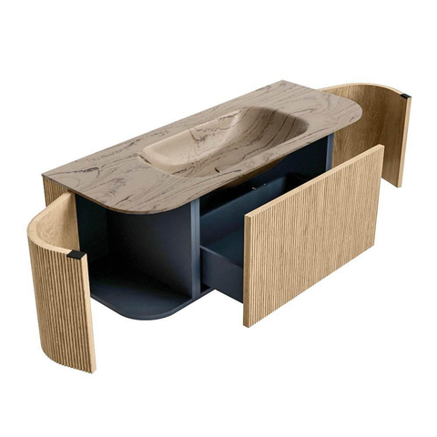 MONDIAZ KURVE-DLUX Meuble de salle de bains 120 cm arrondi Gauche + Droite couleur Chêne avec 1 tiroir et 2 portes. Vasque BIG SMALL Milieu 1 trou de robinet Arena. SW1431094